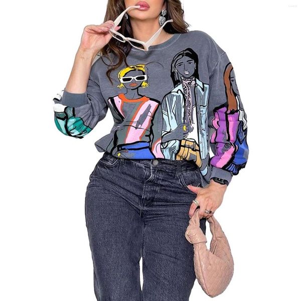 Hoodies femininos Doury Mulheres Moda Moletons Estrela / Redemoinho / Bola Estampada Pescoço Manga Longa Primavera Outono Casual Slim Fit Pulôver Streetwear