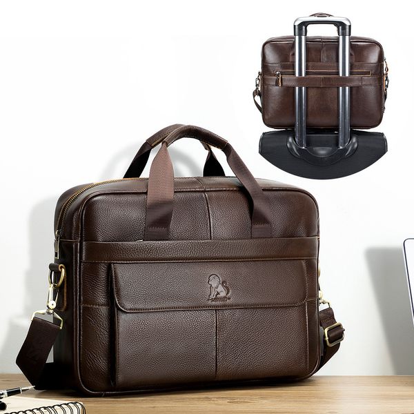 Pastas Laoshizi Men's Leather Bag Office Messenger Briefcase Homem Genuíno Couro 15.6 