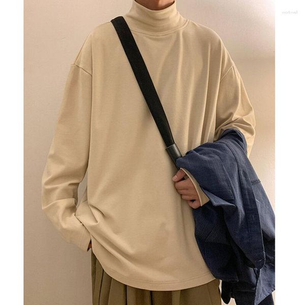 T-shirt da uomo dolcevita camicia a maniche lunghe da uomo Baggy tinta unita imitazione tessuto Dralon Harajuku top moda coreana pullover