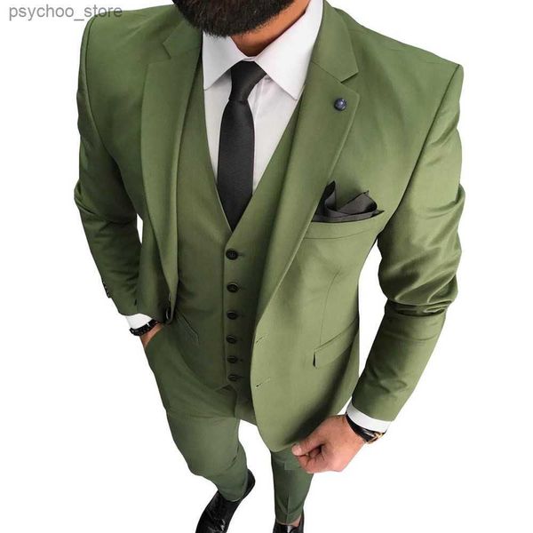 Terno masculino verde oliva 3 peças formal negócios notch lapela smoking padrinhos terno conjunto para casamento (blazer + colete + calças q230829
