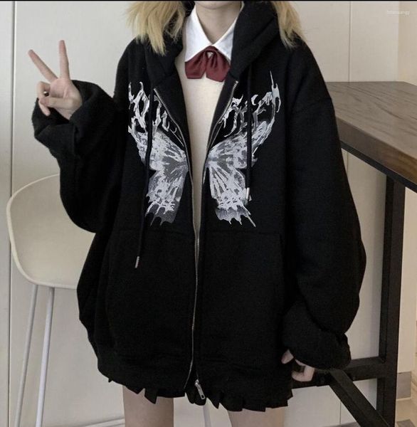 Felpe con cappuccio da donna stampa farfalla nera felpa Hip Hop oversize donna autunno streetwear harajuku zip up goth punk giacca femminile con cappuccio