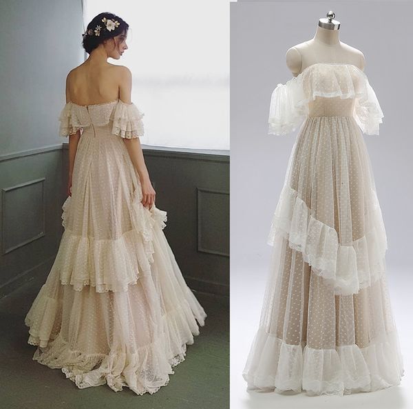 Urban Sexy Dresses, schulterfreies, gepunktetes Hochzeitskleid, 2023, abgestufte Spitze, Rüschen, viktorianisch, rustikal, rückenfrei, Prinzessin-Brautkleid, nach Maß 230828