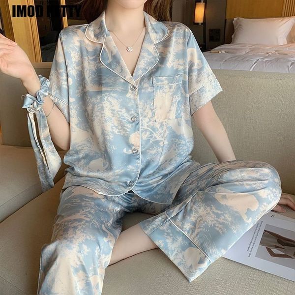 Женская одежда для сна летняя тонкая кардигана с коротким рукавом с длинными брюками Дизайн эстетизм случайный свободный дом для дома набор пижамы 230828