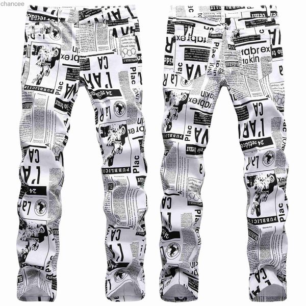 Jeans da uomo con stampe di moda di strada di alta qualità Pantaloni slim fit in denim elasticizzato Jeans da festa con pittura di giornali Jeans casual cool; HKD230829