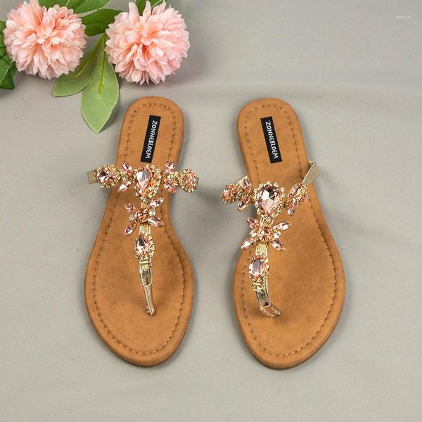 Chinelos 2023 Mulheres Flip-Flops Sapatos de Festa de Verão para Feminino Bling Flor Strass Grande Tamanho Flat Saltos Fora Senhoras