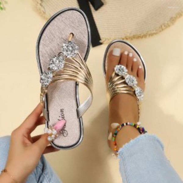 Hausschuhe 2023 Flip-Flops Frauen Mode Peep Toe Silber Anti Skid Strand Sandalen Dame Casual Goldene Kristall Sommer Sandale