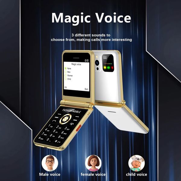 Desbloqueado ultra fino novo telefone móvel dobrável gsm 4 sim standby 2.4 Polegada lanterna led discagem rápida rádio fm voz mágica celulares