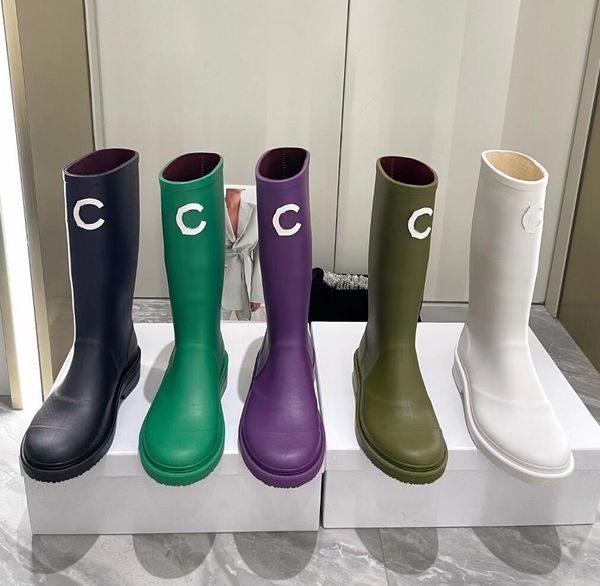 Chanells Channel Channel Chaannel Designer Tubo Botas de borracha longa Mulheres pretas Purple Green clássico clássico à prova d'água Baot de chuva vintage Casual Rain Shoes Women