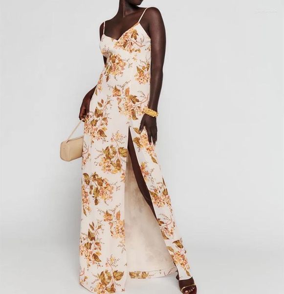 Vestidos casuais mulheres viscose floral impresso sem alças sexy alta divisão estilingue vestido maxi