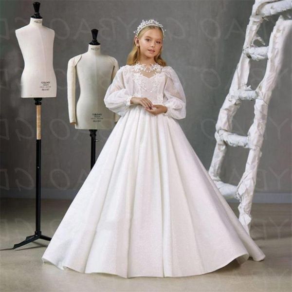 Mädchen Kleider Elegant Weiß Tüll Puffy Lange Ärmel Blume Für Hochzeit Prinzessin Spitze Applikationen Festzug Erstkommunion Ballkleid