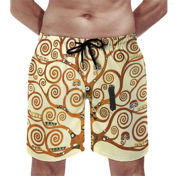 Shorts masculinos prancha de verão gustav klimt arte surfando a árvore da vida design praia casual troncos de secagem rápida plus size