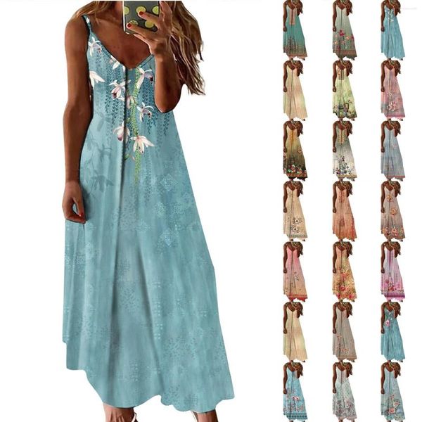 Vestidos casuais longo para mulheres moda com decote em v impressão floral impressão solta gradiente cor doce suspender costura vestido vestidos