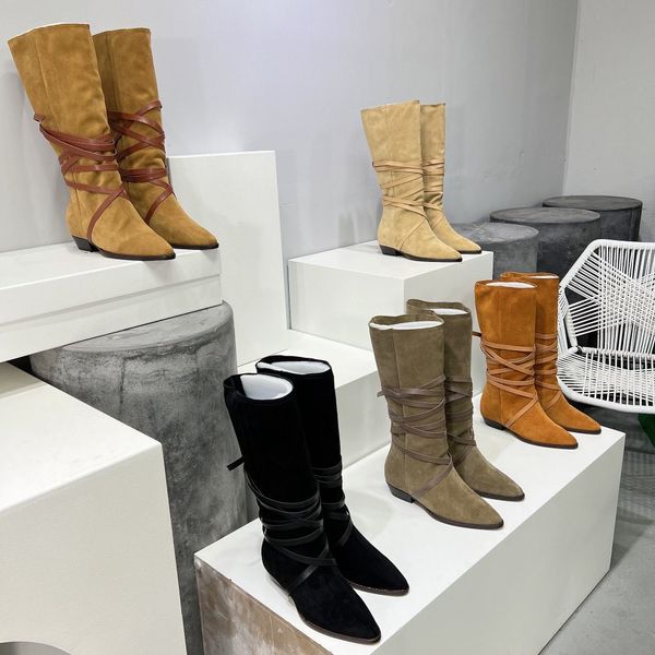 Lophie Corda cinta Wrap Hallf Botas bloco saltos grossos sola de couro Lace-up Botas de bico fino Mulheres designers de luxo moda sapatos ocidentais calçados de fábrica