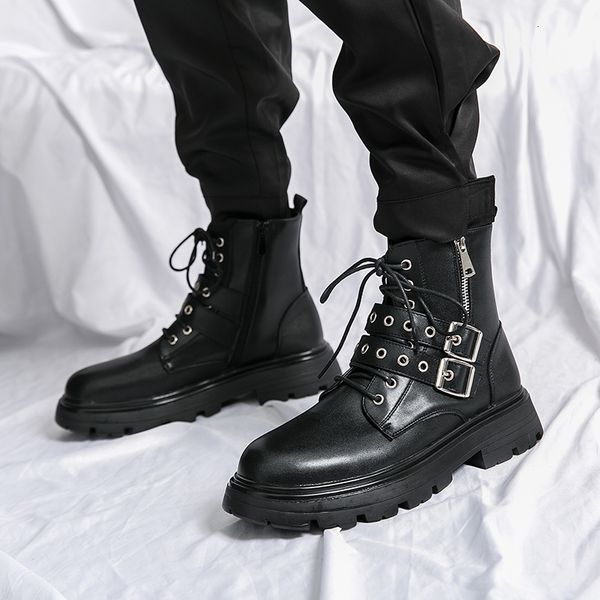 Сапоги осенние зимние высококачественные мотоциклисты Boot Men Men Fashion Platform Safety Hightop Leather Shoes botas hombre 230829