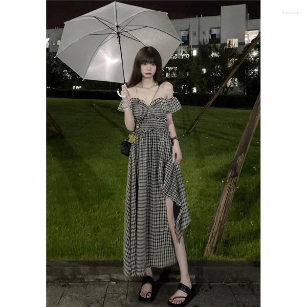 Casual Kleider Sommer Schlank Schwarz Weiß Plaid Kleid Frau Süße Damen Schulterfrei Weibliche Mode Ärmelloses Chiffon