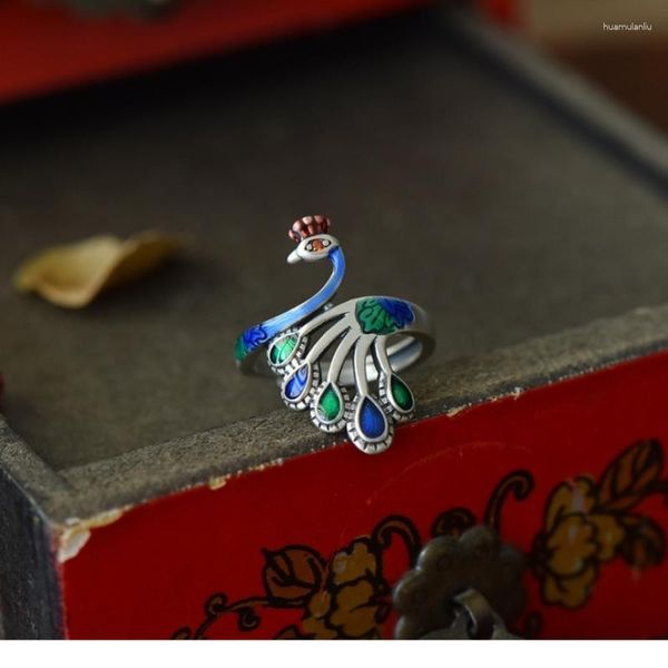 Anéis de cluster lh paisagem chinesa thai azul pavão anel abertura ajustável queimar cola caindo processo phoenix retro estilo nacional