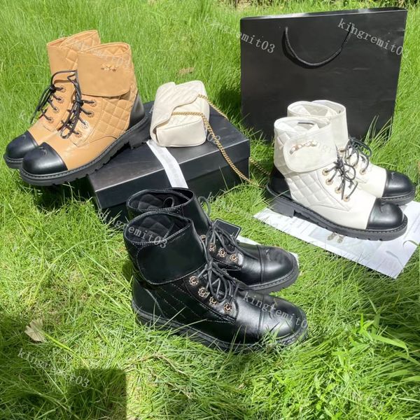 Designer mulheres botas de bezerro tornozelo botas rhombic treliça pele de cordeiro fivela bota botas de couro moda motocicleta tornozelo botas com caixa