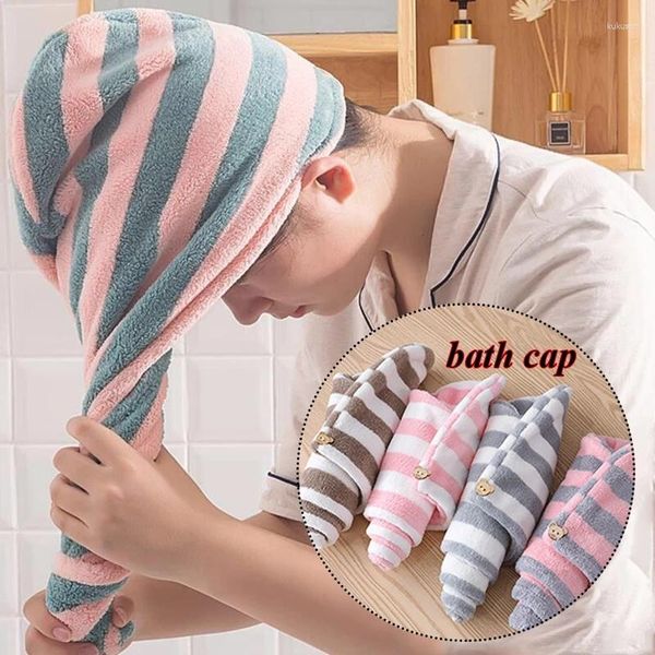 Handtuch Frauen Mode Gestreifte Haartrockner Kappe Saugfähige Verdickung Korallen Fleece Nette Dusche Lange Tasche Turban Weich