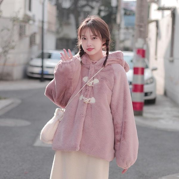 Casacos de Trench das Mulheres Inverno Faculdade Faux Fur Casacos Mulheres Kawaii Orelhas Com Capuz Teddy Casaco 2023 Meninas Bonitos Doce Rosa Acolchoado Lã Quente