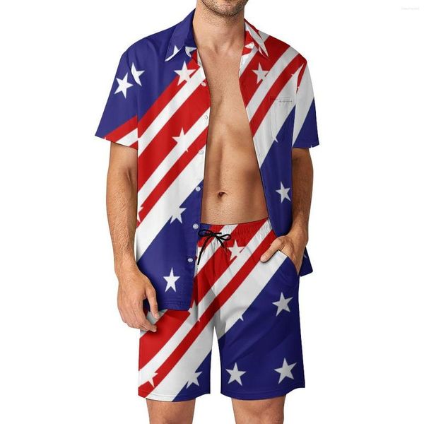 Мужские спортивные костюмы Американский флаг красный синий мужчина устанавливает звезды и полосы 4 июля. Случайные шорты Фитнес открытая рубашка набор летних трендов