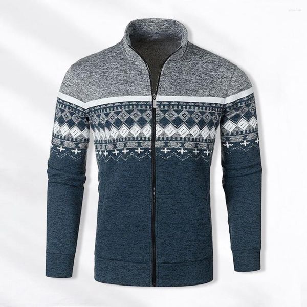 Maglioni da uomo Maglione in poliestere da uomo Slim Fit lavorato a maglia cardigan con stampa retrò alla moda colletto alla coreana per l'autunno inverno