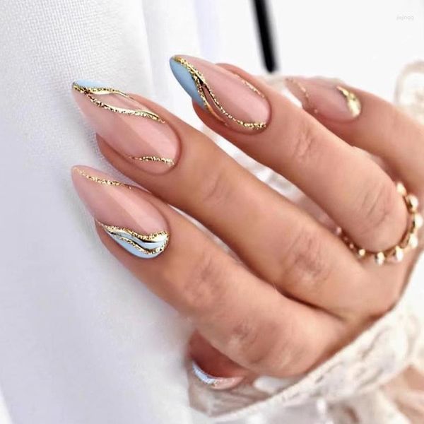 Unhas falsas conjunto de design elegante e clássico para mulheres em forma de amêndoa com brilho de onda azul refrescante