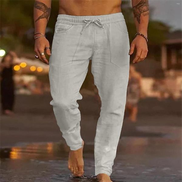 Pantaloni da uomo Pantaloni da uomo Pantaloni casual in lino di cotone tinta unita Pantaloni larghi Tasche da spiaggia alla moda Pantaloni normali Pantaloni maschili sottili