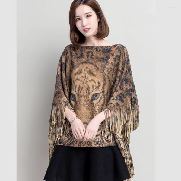 Kadın Sweaters Cape Tiger Deseni Kısa Paragraf Pamsel Yün Üst Örgü Sweater Ceket Seti Baş Bahar ve Sonbahar Kapak Gömlek