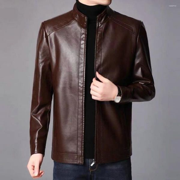 Jaquetas masculinas de manga comprida homens casaco de couro falso elegante motocicleta protetora para outono inverno fresco
