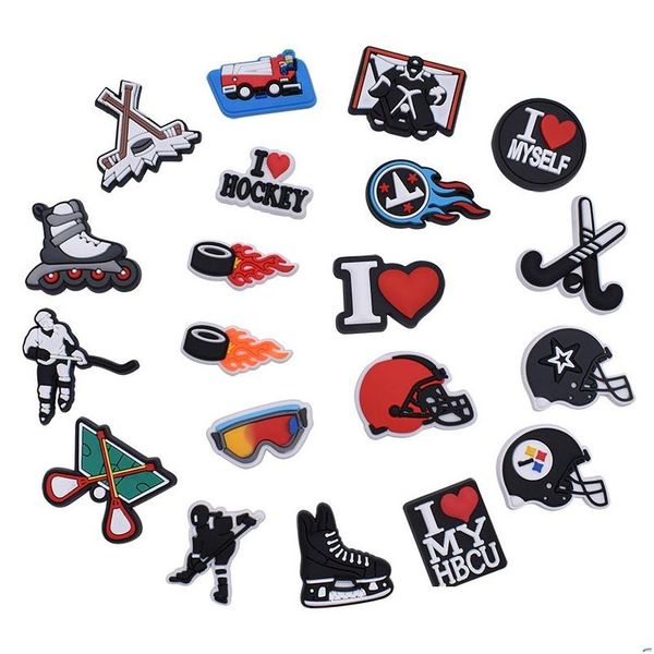 Cartoon-Zubehör Charms Großhandel Kindheitserinnerungen Eishockey Lustiges Geschenk Schuh PVC Dekoration Schnalle Weichgummi Clog Drop Liefern Dhgfj