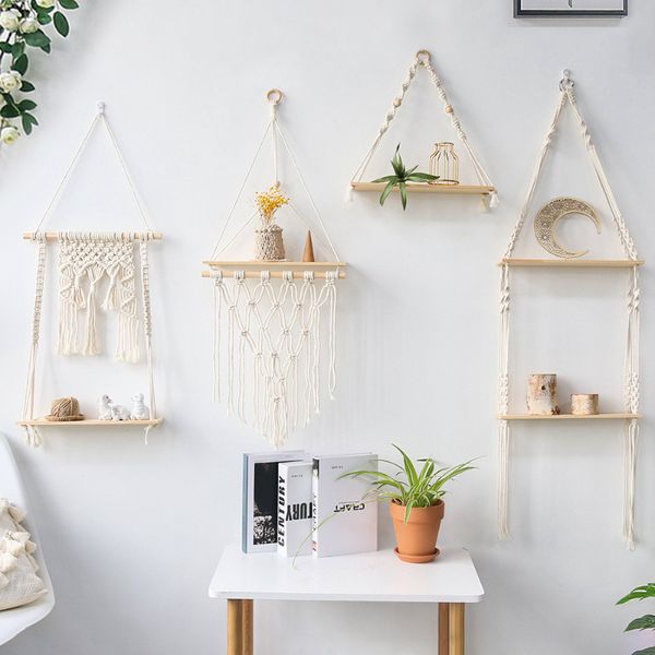 Objetos decorativos estatuetas prateleiras de macrame para quarto planta boho decoração de casa decoração de natal prateleira de parede de madeira castiçal prateleiras flutuantes presente 230828