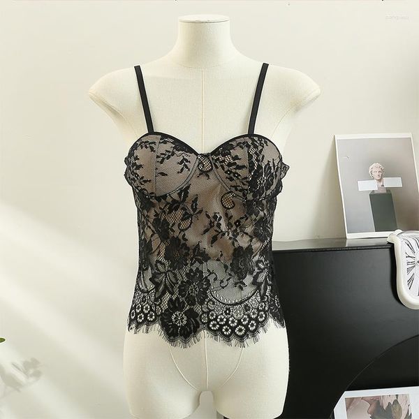 Canotte da donna Canotte da donna con reggiseno incorporato patchwork di pizzo per donna cinturino per spaghetti camicette sexy stile francese femminile dropship vintage