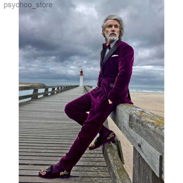 Purple Velvet Slim Fit Men Suit Blazers жених смокинг в смокинге, повседневное велюр, мужской костюм для свадебного жениха (куртка+брюки) Q230828