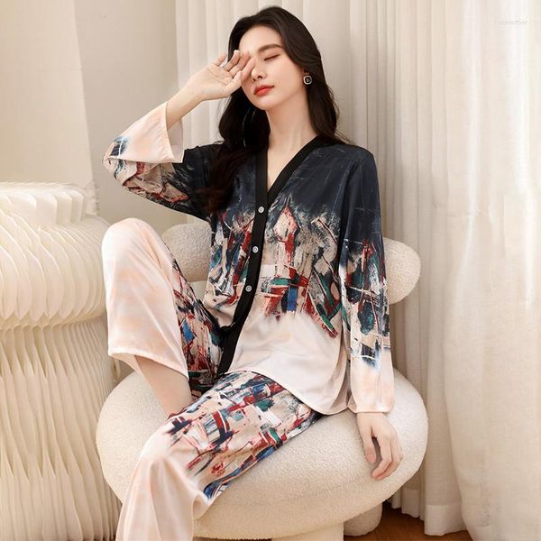 Kadın pijama saten pijamalar seti uzun pantolonlu moda baskısı ile bahar yaz ev takım elbise ipek pijama setleri kadın için gece