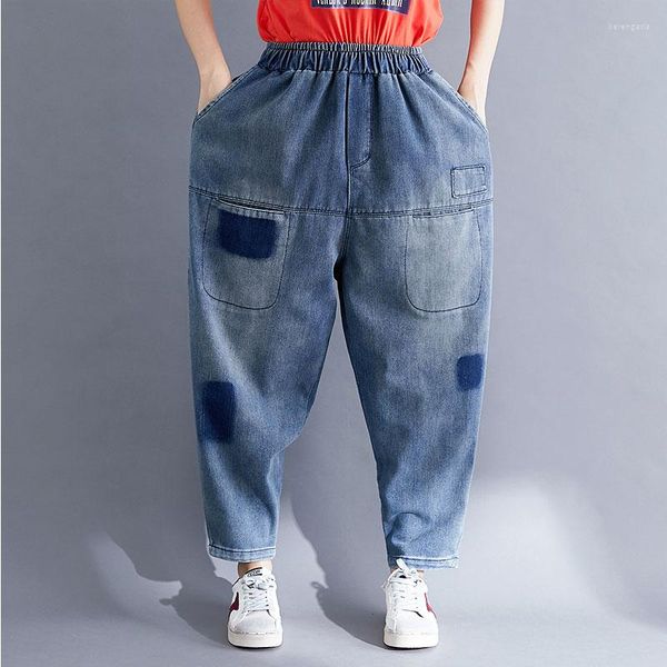 Jeans da donna Primavera Arts Style Donna Elastico in vita Allentato Vintage Blu Doppia tasca Colori assortiti Denim Harem Pants Plus Siz V309