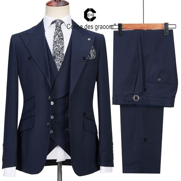 Homens Ternos Blazers Cenne Des Graoom Azul Escuro Riscas 3 Peça Clássico Homens Blazer Colete Calças Lapela Formal Negócio Prom Vestido De Noiva 230828