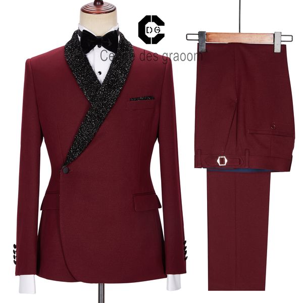 Abiti da uomo Blazer Cenne Des Graoom Ultimo design del cappotto Uomo Tailor Made Tuxedo 2 pezzi Blazer Wedding Party Cantante Sposo Costume Homme Maroon 230828