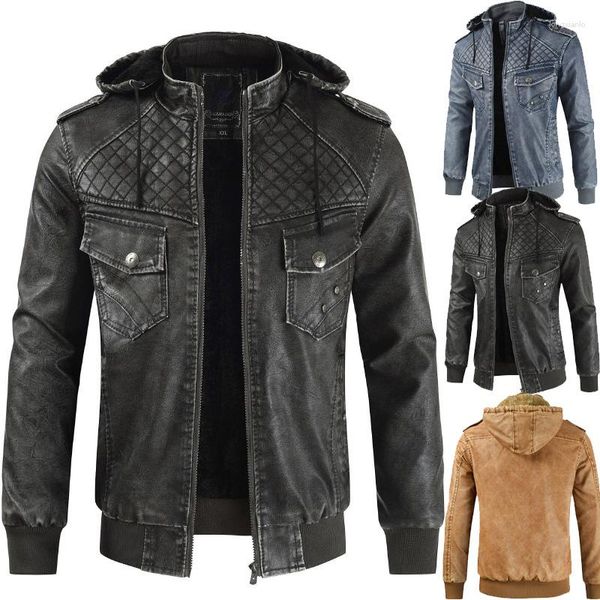 Jaquetas masculinas de couro inverno quente com capuz casacos grosso forro lã à prova vento motociclista moto outerwear roupas marca gota mais