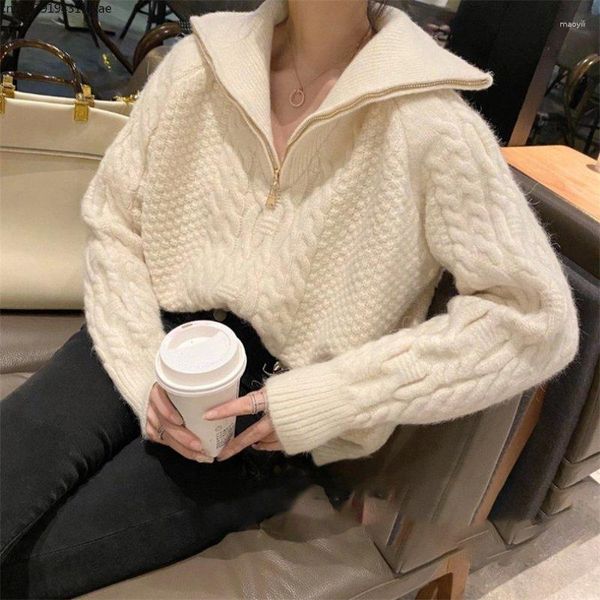 Suéter feminino de gola alta outono inverno estilo lânguido solto coreano zíper top sólido simples menina mulheres branco