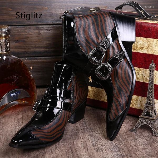 Сапоги Зебра Печатная Грелка Грелка Мужская лодыжка высокие каблуки Патентные кожаные туфли для мужчин.