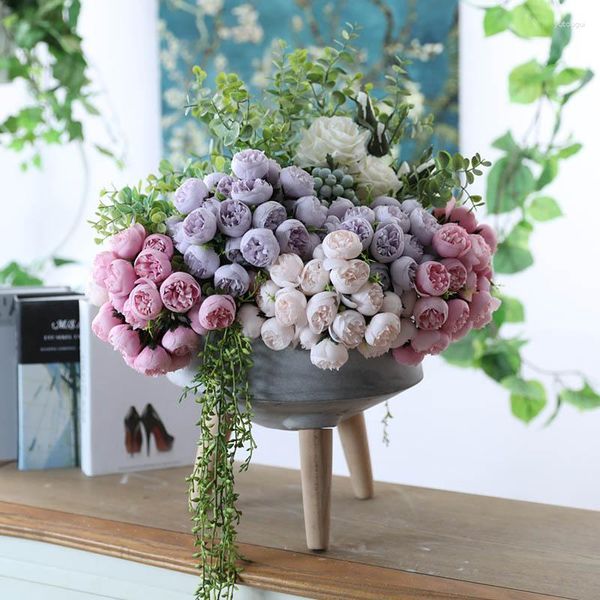 Flores decorativas 1 buquê 21 cabeças peônia artificial chá rosa seda flores falsas flores de casamento diy casa decoração de jardim plantas