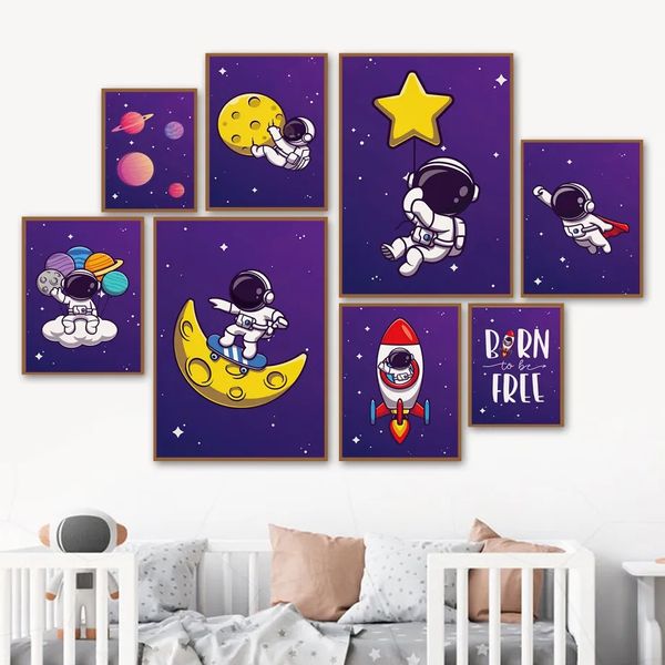 Leinwand Malerei Cartoon Astronaut Mond Wandkunst Nordic Planeten Weltraumrakete Poster und Druck Wandbilder Baby Junge Schlafzimmer Wohnzimmer Dekor Geschenk Kein Rahmen Wo6