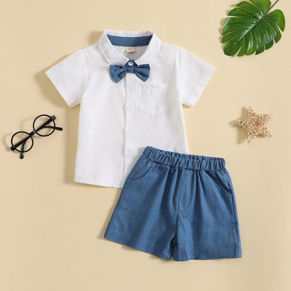 Kleidungssets Kleinkind Jungen Sommeranzug Kurzarm weißes Hemd mit Fliege Blaue Shorts Baby Junge Strandoutfit Jugend-Trainingsanzüge