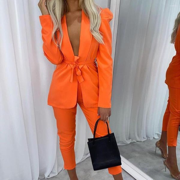İki parçalı elbise kadın açık ön blazer üst pantolon sonbahar 2 seksi kulüp kıyafetleri katı kravat pantolonları turuncu takım elbise sokak kıyafeti