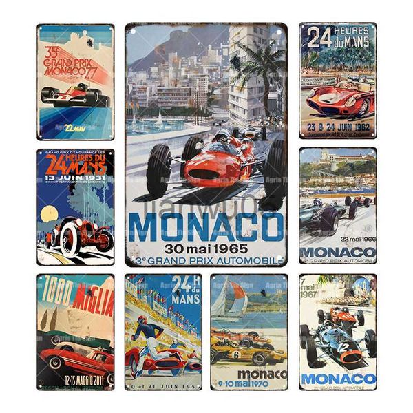 Pintura de metal vintage monaco carro de corrida metal placa de lata retro pintura de ferro decoração de parede poster garagem decoração ao ar livre x0829