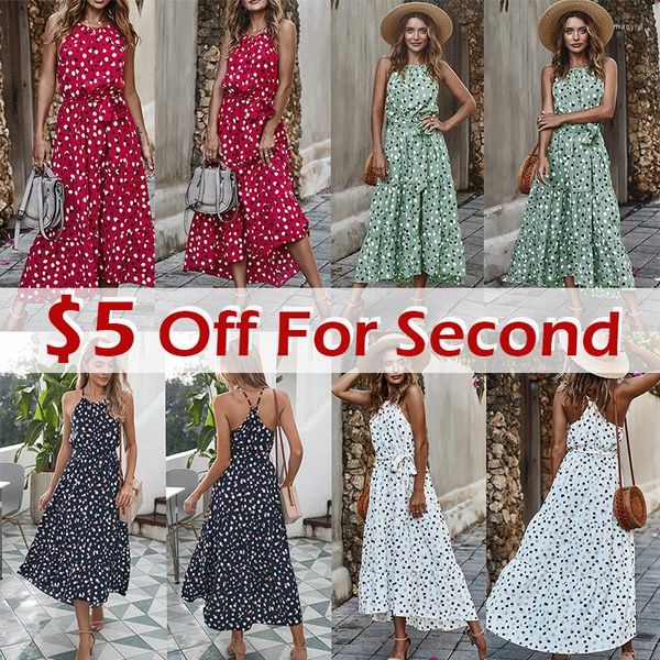 Vestidos casuais verão vestido longo polka dot branco sexy halter strapless elegante 2023 vermelho sundress roupas de férias para mulheres