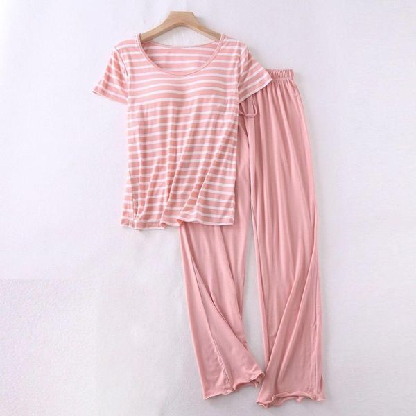 Mulheres sleepwear modal pijama camisa conjunto de sono mulheres babados manga curta casa roupas calças impressão sriped casual homewear nightwear