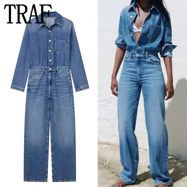 Damen-Overall, Strampler, TRAF, blauer Denim-Overall, Damen, elegant, lange Overalls, langärmlig, Jean, Damen-Overall, gerades Bein, Sommer-Overall 230829