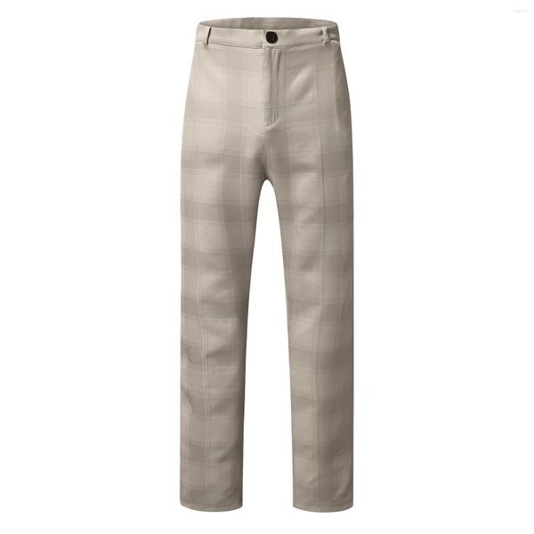 Calças masculinas 4 estações moda calças negócios em linha reta magro casual solto xadrez zíper longo padrão impressão retro rua