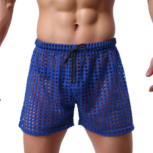 Shorts masculinos verão 2023 sólido cordão meados de cintura sweatpants jogger streetwear masculino transparente calças sexy casual praia oco malha